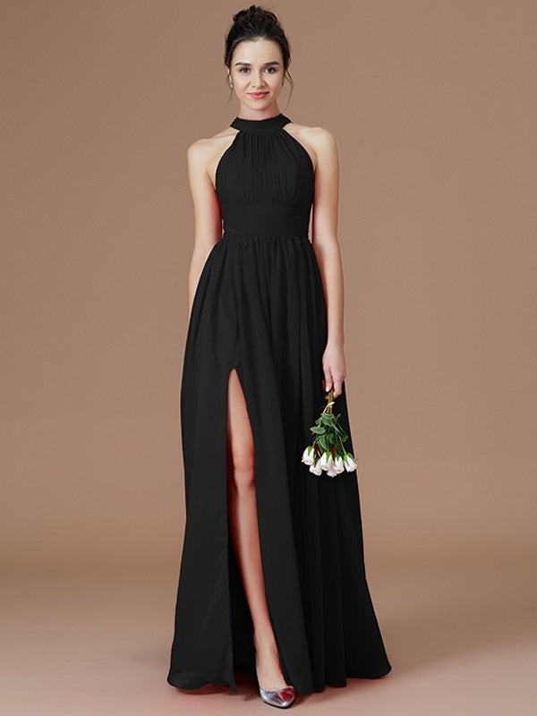 A-Line/Princess Halter Sleeveless Floor-Length Ruched Chiffon Bridesmaid Dresses