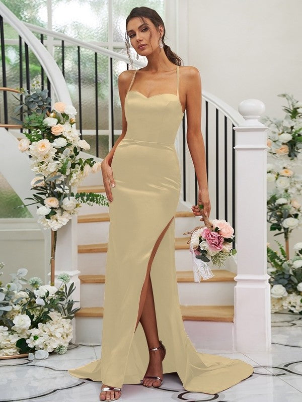 Woven Sweep/Brush Sleeveless Ruched Elastic Satin Sheath/Column Square Train Bridesmaid Dresses