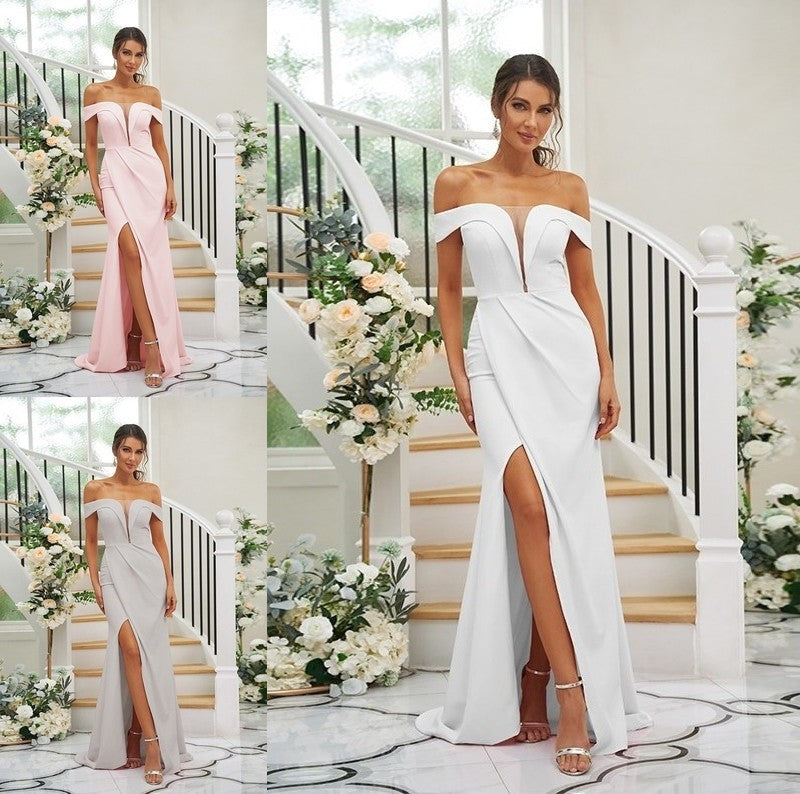 Sweep/Brush Crepe Sleeveless Sheath/Column Off-the-Shoulder Ruched Stretch Train Bridesmaid Dresses