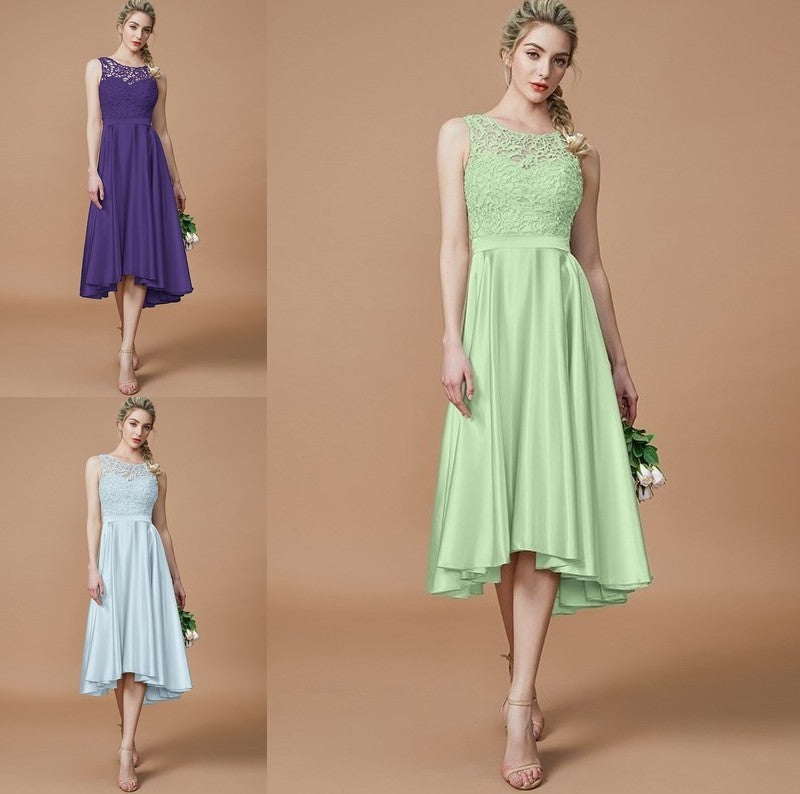 Asymmetrical A-Line/Princess Sleeveless Ruffles Silk Bateau like Satin Bridesmaid Dresses