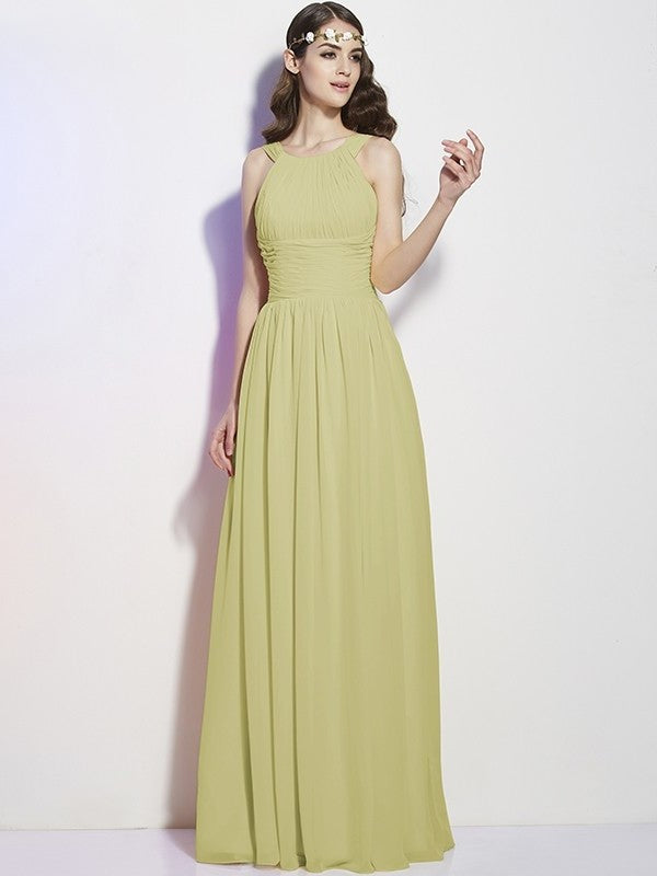 Bateau Long Pleats A-Line/Princess Sleeveless Chiffon Bridesmaid Dresses