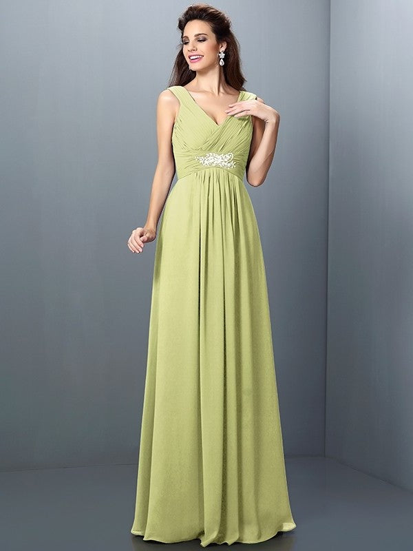 Long Sleeveless V-neck Pleats Beading A-Line/Princess Chiffon Bridesmaid Dresses