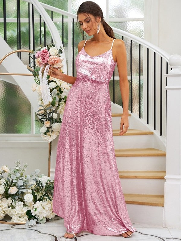 Ruched Sequins Sleeveless A-Line/Princess Straps Floor-Length Bridesmaid Dresses