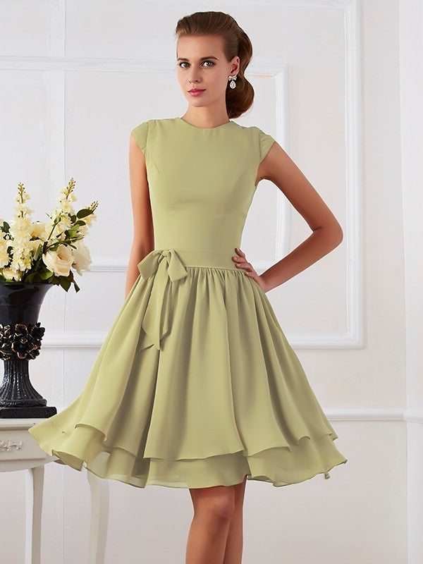 Sleeveless Short Neck High Sash/Ribbon/Belt Sheath/Column Chiffon Bridesmaid Dresses