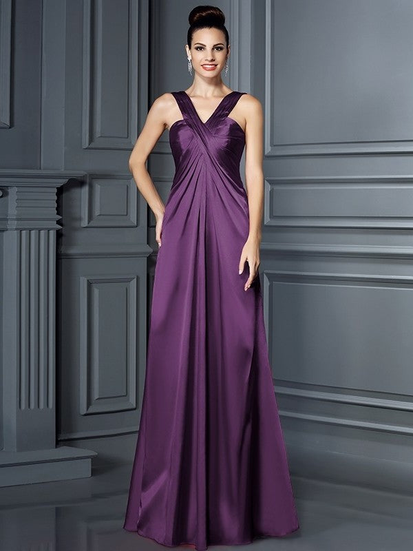 Elastic Long A-Line/Princess Sleeveless Woven Straps Satin Bridesmaid Dresses