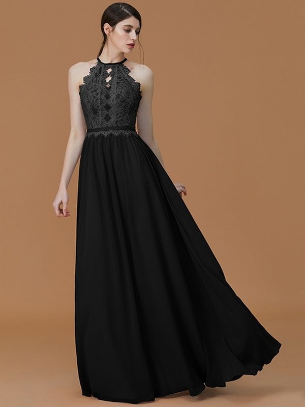 Lace Halter Floor-Length A-Line/Princess Sleeveless Chiffon Bridesmaid Dresses