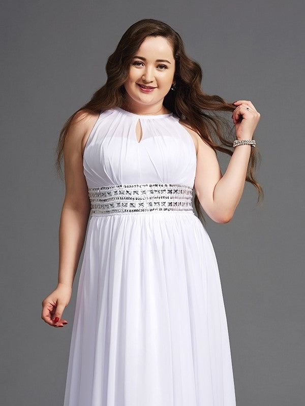 Sleeveless Chiffon Long Beading A-Line/Princess Jewel Plus Size Dresses