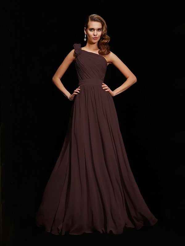 A-Line/Princess Hand-Made Sleeveless Flower One-Shoulder Long Chiffon Bridesmaid Dresses