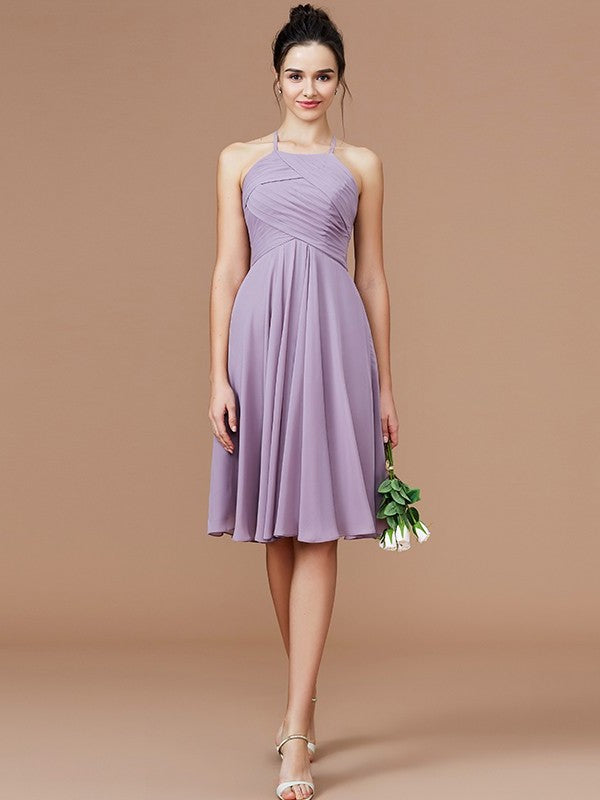 Ruched Halter A-Line/Princess Sleeveless Short/Mini Chiffon Bridesmaid Dresses