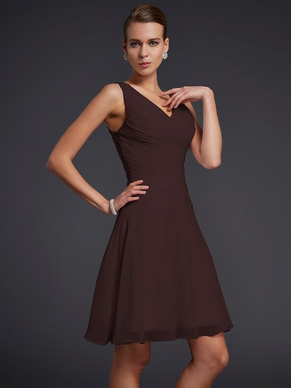 Pleats Short A-Line/Princess Sleeveless V-neck Chiffon Bridesmaid Dresses