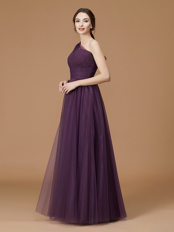 One-Shoulder Floor-Length A-Line/Princess Ruched Sleeveless Tulle Bridesmaid Dresses