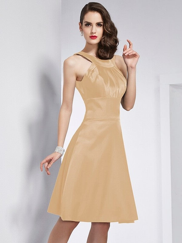 Short Elastic Woven Pleats Sleeveless Scoop A-Line/Princess Satin Bridesmaid Dresses