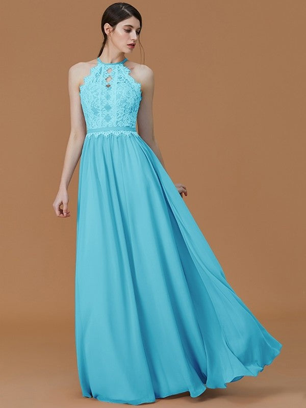 Lace Halter Floor-Length A-Line/Princess Sleeveless Chiffon Bridesmaid Dresses