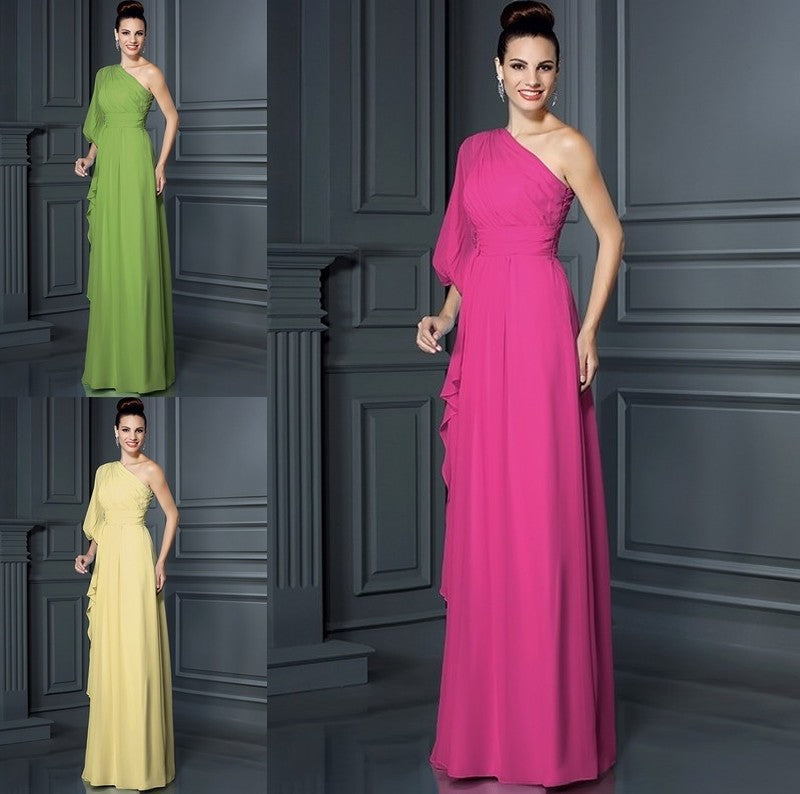 Long One-Shoulder Sleeves 3/4 Sheath/Column Chiffon Bridesmaid Dresses