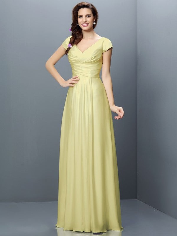 Sleeves Pleats A-Line/Princess V-neck Short Long Chiffon Bridesmaid Dresses