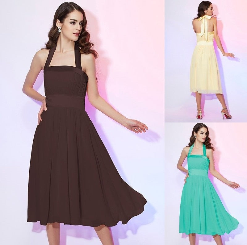 A-Line/Princess Sleeveless Pleats Short Halter Chiffon Bridesmaid Dresses