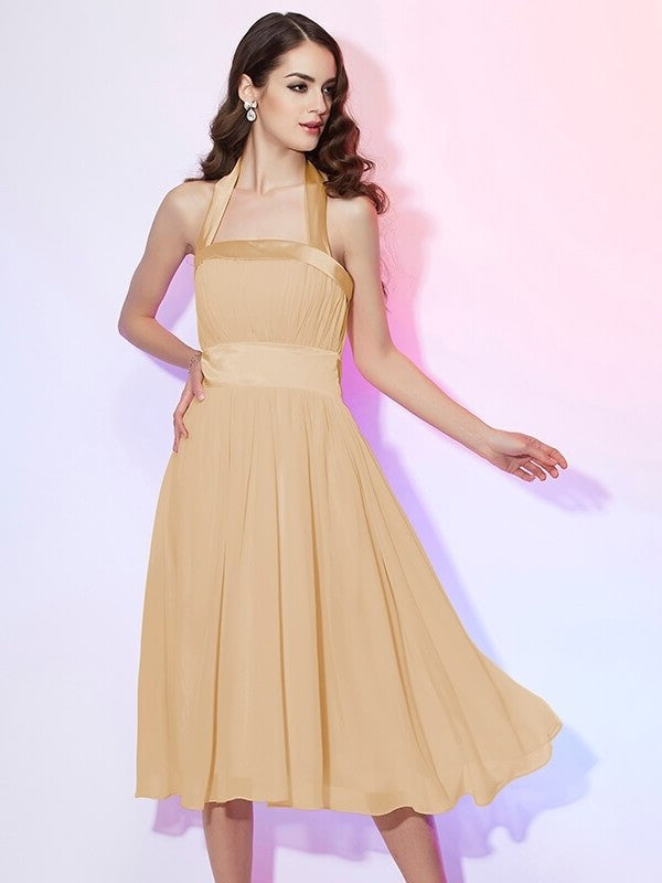 A-Line/Princess Sleeveless Pleats Short Halter Chiffon Bridesmaid Dresses