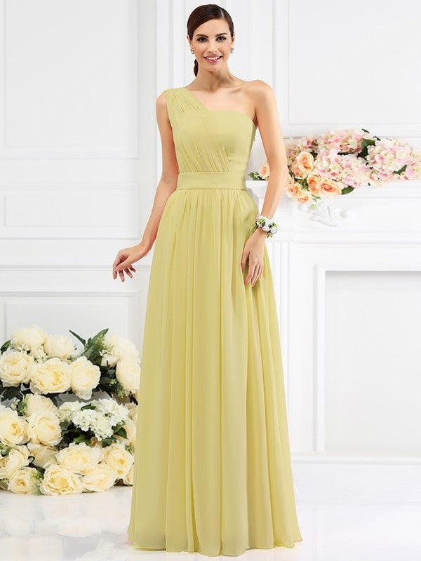 One-Shoulder Pleats A-Line/Princess Long Sleeveless Chiffon Bridesmaid Dresses