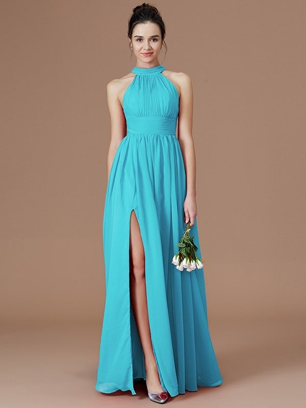 A-Line/Princess Halter Sleeveless Floor-Length Ruched Chiffon Bridesmaid Dresses