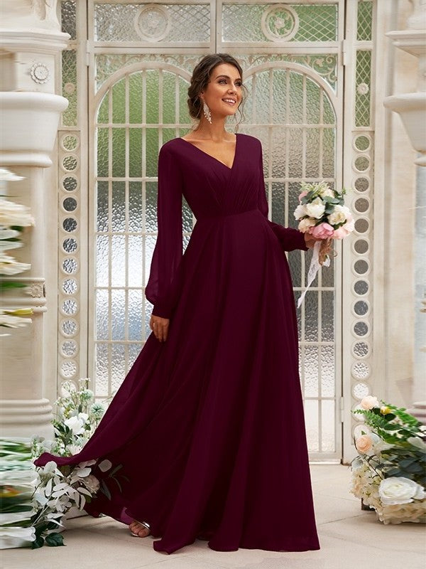 Chiffon Ruched Long V-neck Sleeves A-Line/Princess Floor-Length Bridesmaid Dresses