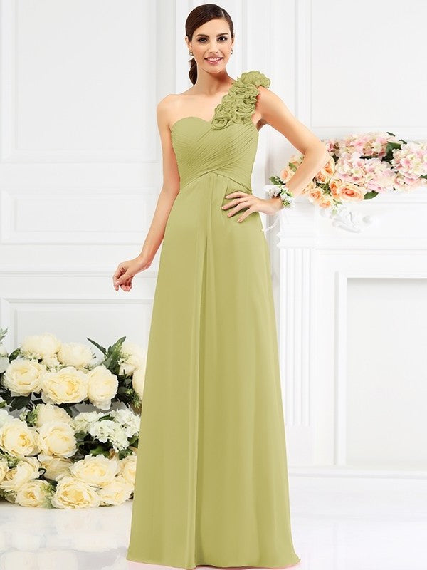 Sleeveless Long Hand-Made A-Line/Princess Flower One-Shoulder Chiffon Bridesmaid Dresses