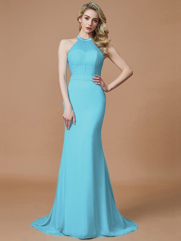 Trumpet/Mermaid Train Sweep/Brush Sleeveless Scoop Chiffon Bridesmaid Dresses