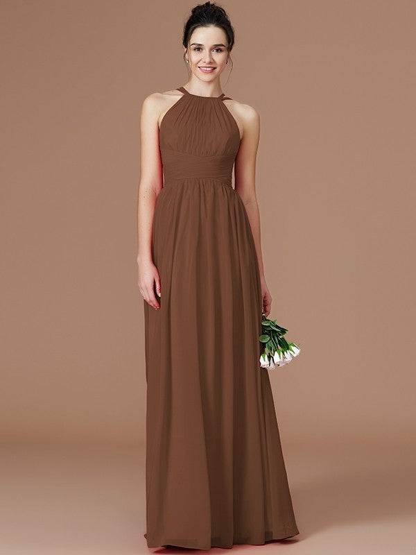 A-Line/Princess Floor-Length Ruched Sleeveless Halter Chiffon Bridesmaid Dresses