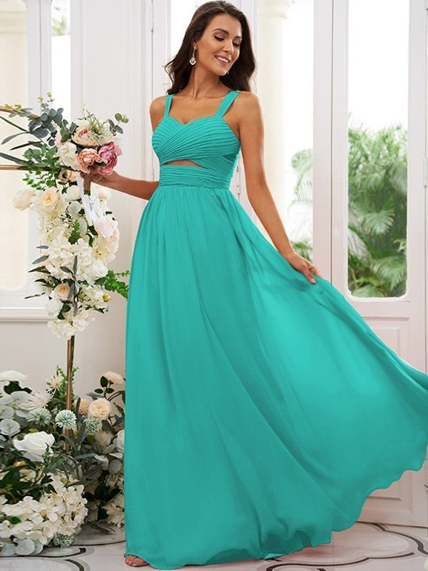 A-Line/Princess Sleeveless Straps Chiffon Ruched Floor-Length Bridesmaid Dresses