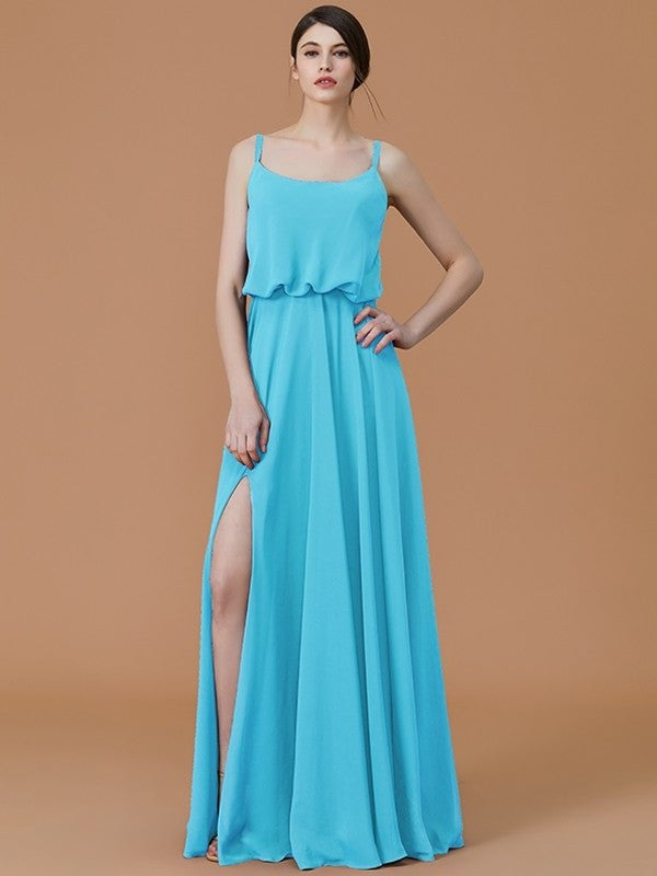 Floor-Length Ruffles Sleeveless A-Line/Princess Straps Spaghetti Chiffon Bridesmaid Dresses