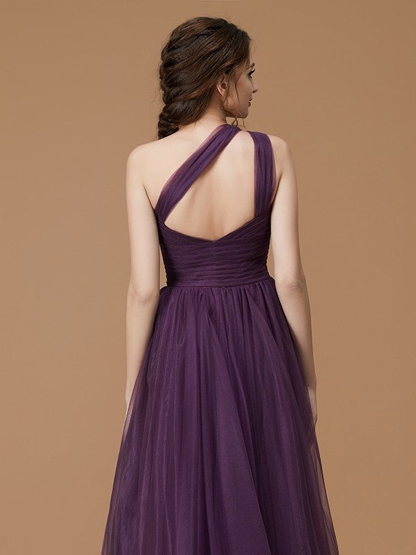 One-Shoulder Floor-Length A-Line/Princess Ruched Sleeveless Tulle Bridesmaid Dresses