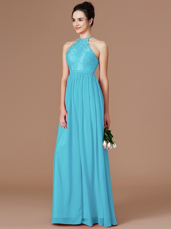 Lace Sleeveless Floor-Length Halter A-Line/Princess Chiffon Bridesmaid Dresses