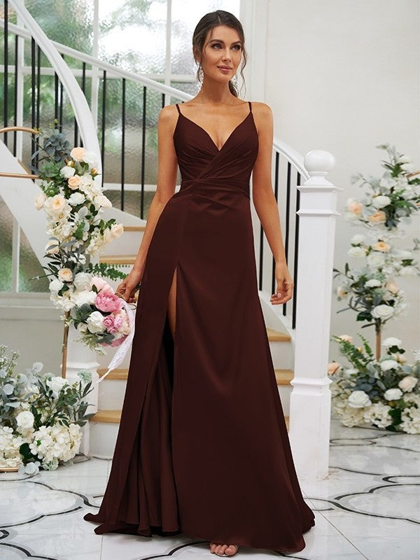 V-neck A-Line/Princess Silk Sleeveless like Satin Ruched Floor-Length Bridesmaid Dresses