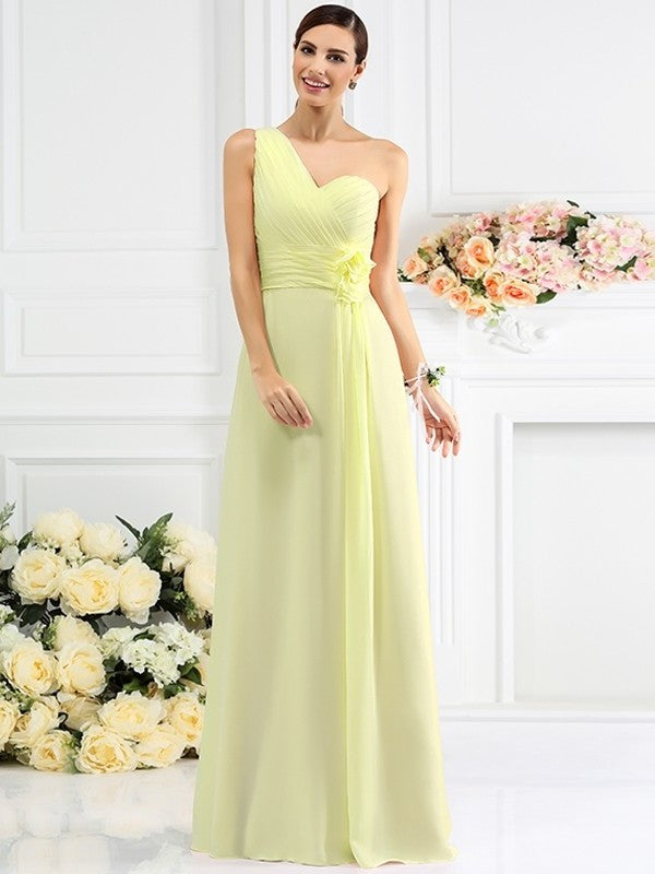 Pleats Sleeveless One-Shoulder Long A-Line/Princess Chiffon Bridesmaid Dresses