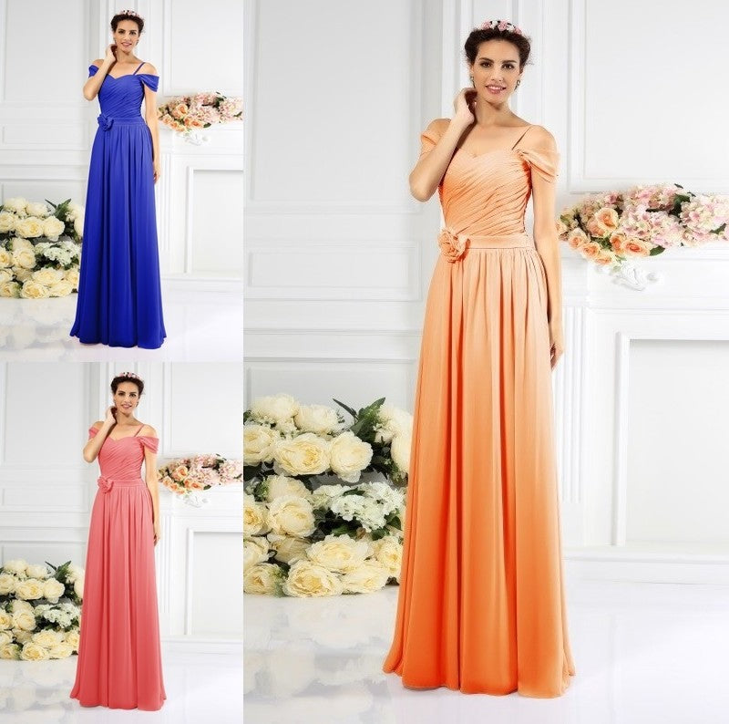 Sleeveless Long Straps Pleats A-Line/Princess Spaghetti Chiffon Bridesmaid Dresses