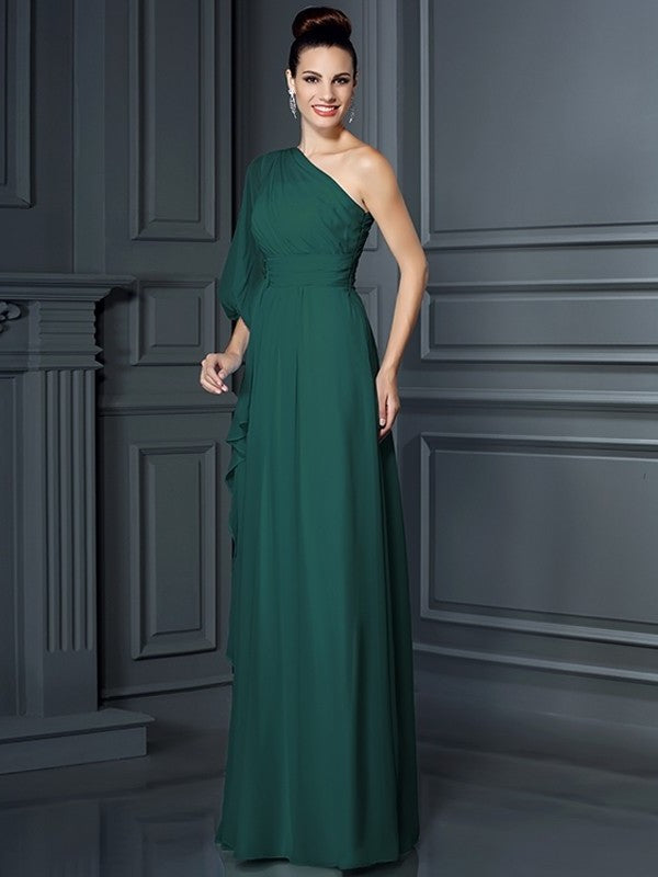 Long One-Shoulder Sleeves 3/4 Sheath/Column Chiffon Bridesmaid Dresses