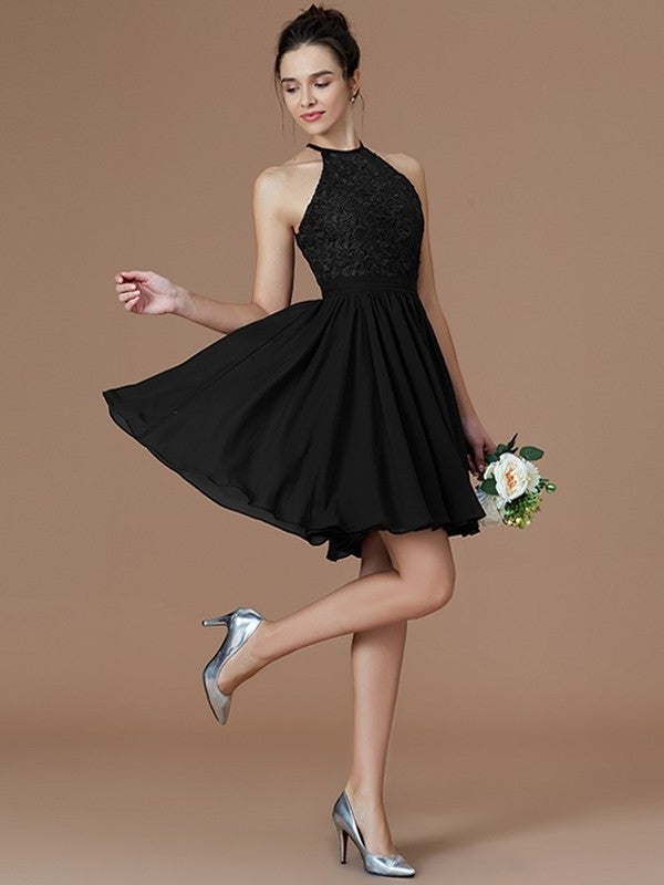 Short/Mini A-Line/Princess Sleeveless Halter Lace Chiffon Bridesmaid Dresses