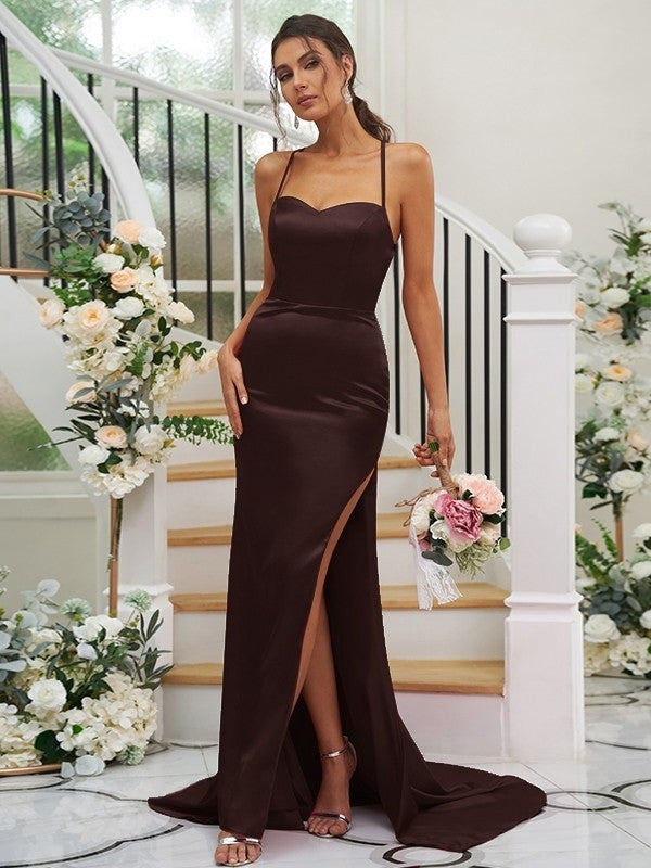 Woven Sweep/Brush Sleeveless Ruched Elastic Satin Sheath/Column Square Train Bridesmaid Dresses