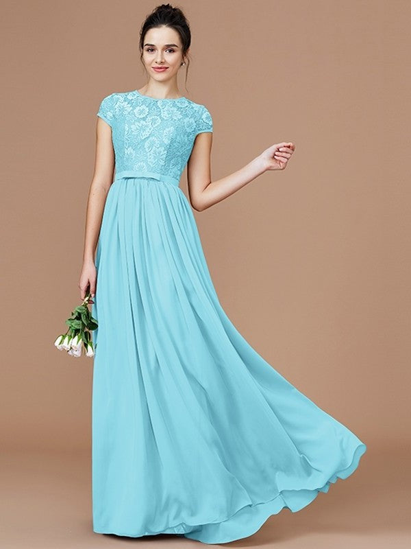 Lace A-Line/Princess Sleeves Short Jewel Floor-Length Chiffon Bridesmaid Dresses