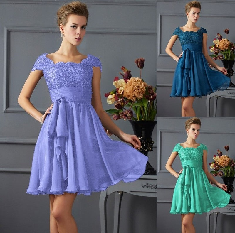 Sleeves Scoop A-Line/Princess Lace Short Short Chiffon Bridesmaid Dresses