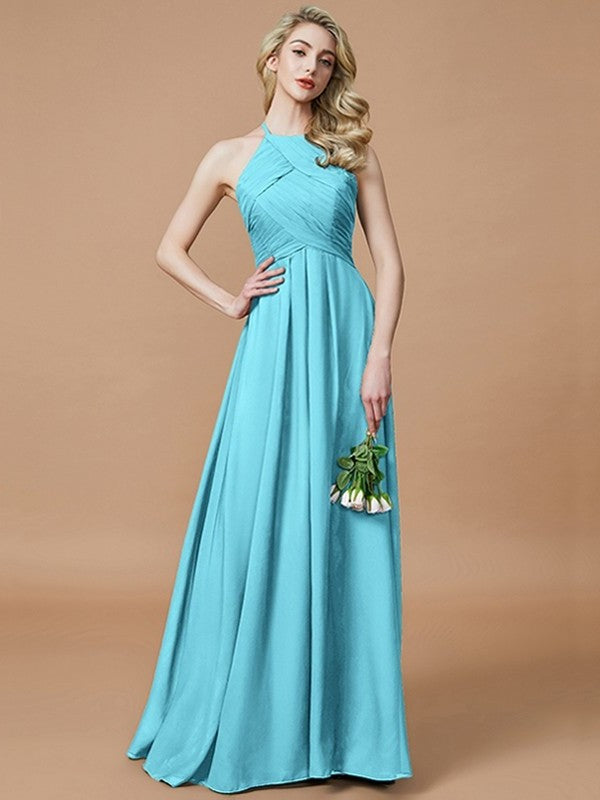 Sleeveless Ruched Floor-Length Halter A-Line/Princess Chiffon Bridesmaid Dresses