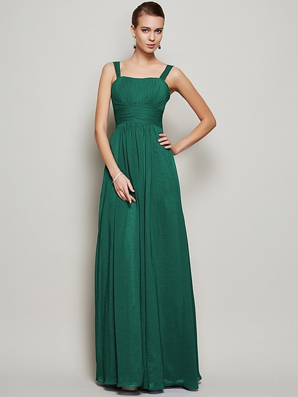 Straps Pleats Sheath/Column Sleeveless Long Chiffon Bridesmaid Dresses