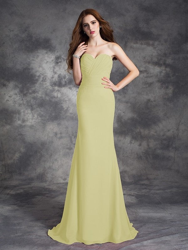 Sleeveless Ruched Trumpet/Mermaid Long Sweetheart Chiffon Bridesmaid Dresses