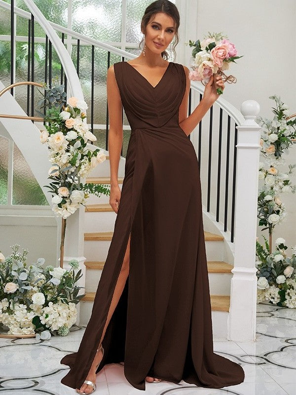 Ruched Sleeveless V-neck A-Line/Princess Sweep/Brush Chiffon Train Bridesmaid Dresses