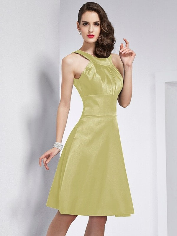 Short Elastic Woven Pleats Sleeveless Scoop A-Line/Princess Satin Bridesmaid Dresses