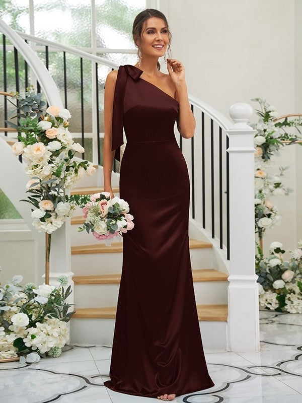 Satin Bowknot Sheath/Column Sleeveless One-Shoulder like Silk Floor-Length Bridesmaid Dresses