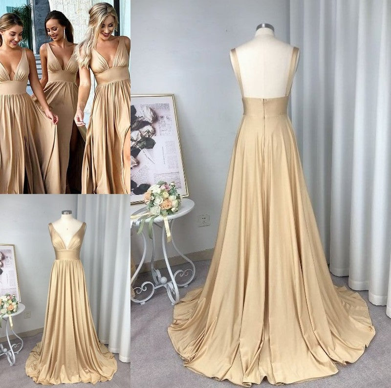 Sleeveless A-Line/Princess Ruffles V-neck Sweep/Brush Train Spandex Bridesmaid Dresses