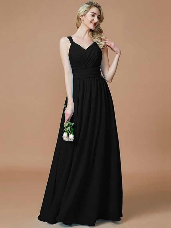 V-neck Floor-Length Chiffon A-Line/Princess Sleeveless Bridesmaid Dresses