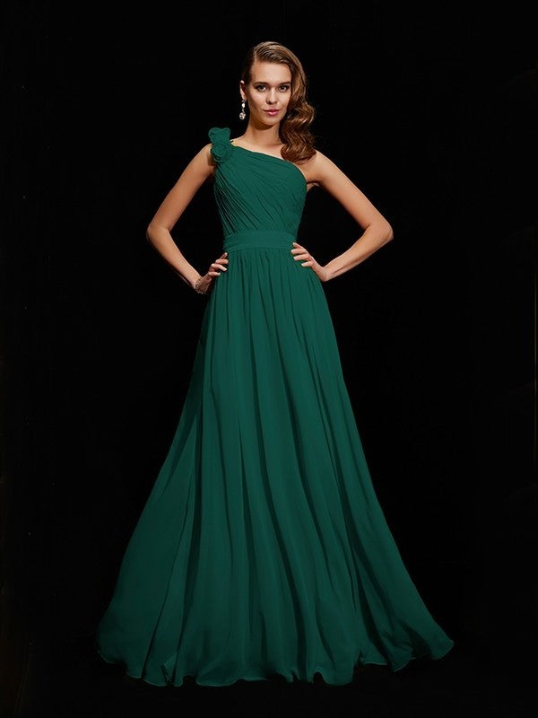 A-Line/Princess Hand-Made Sleeveless Flower One-Shoulder Long Chiffon Bridesmaid Dresses