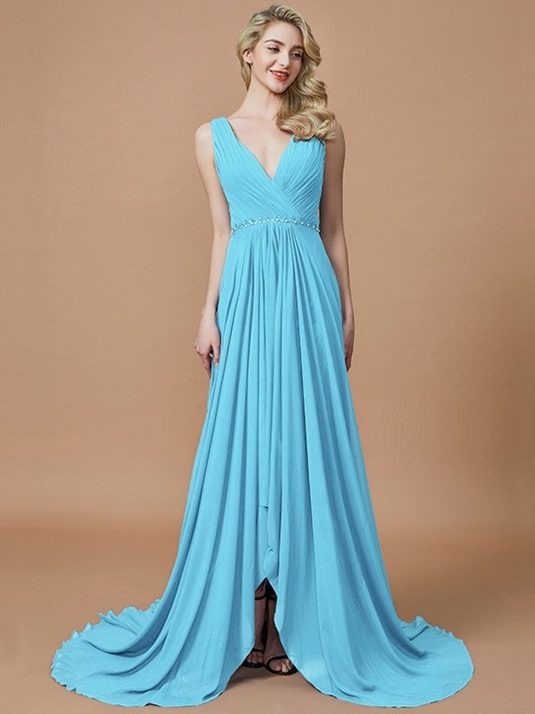 A-Line/Princess Sleeveless V-neck Sweep/Brush Chiffon Train Bridesmaid Dresses