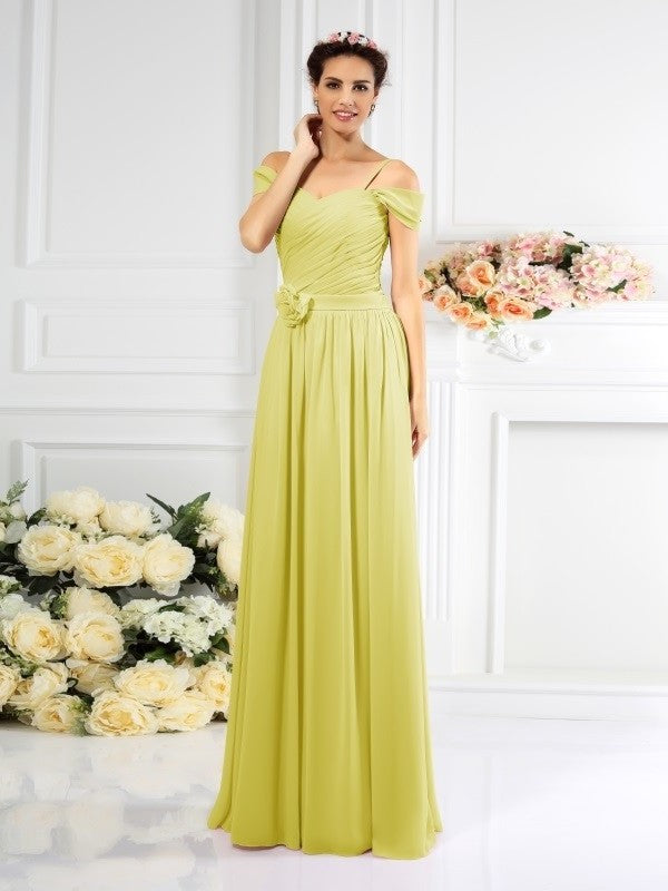 Sleeveless Long Straps Pleats A-Line/Princess Spaghetti Chiffon Bridesmaid Dresses